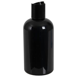 8 oz. Black PET Squat Boston Round Bottle with 24/410 Black Disc-Top Dispensing Cap