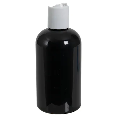 8 oz. Black PET Squat Boston Round Bottle with 24/410 White Polypropylene Disc-Top Dispensing Cap