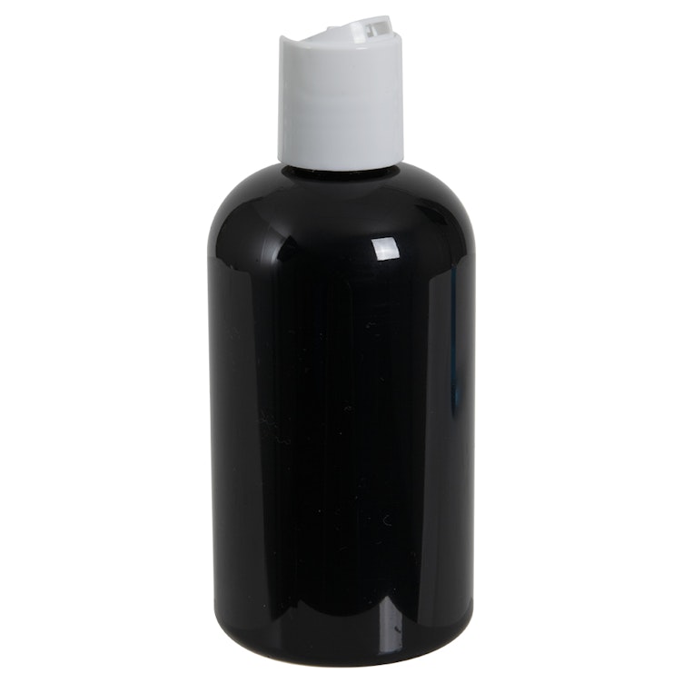 8 oz. Black PET Squat Boston Round Bottle with 24/410 White Disc-Top Dispensing Cap
