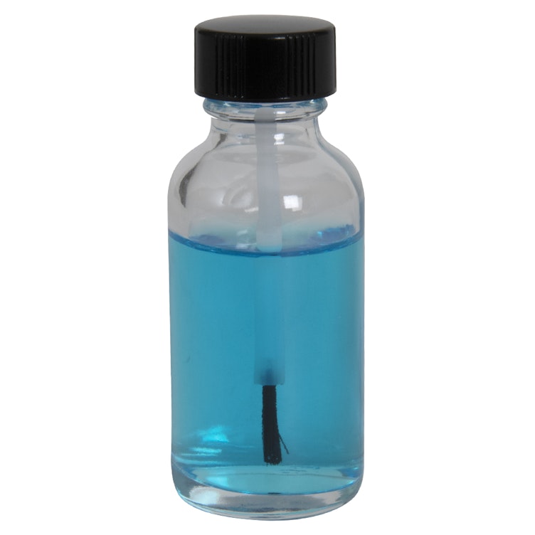 1 oz. Clear Glass Boston Round Bottle with 20/400 Phenolic Brush Cap with PE Liner - 2-3/4" Long