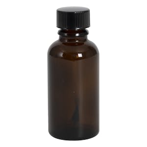 1 oz. Amber Glass Boston Round Bottle with 18/400 Phenolic Brush Cap with PE Liner - 2-3/4" Long