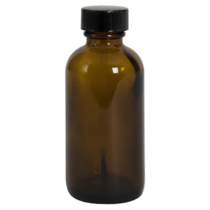 2 oz. Amber Glass Boston Round Bottle with 20/400 Phenolic Brush Cap with PE Liner - 3-3/8" Long