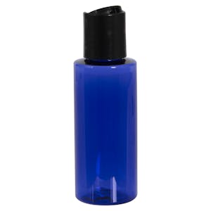 2 oz. Cobalt Blue PET Cylindrical Bottle with 20/410 Black Disc-Top Dispensing Cap