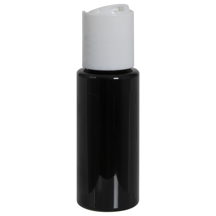 1 oz. Black PET Cylindrical Bottle with 20/410 White Disc-Top Dispensing Cap