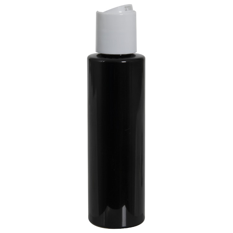 4 oz. Black PET Cylindrical Bottle with 24/410 White Disc-Top Dispensing Cap