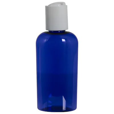 2 oz. Cobalt Blue PET Cosmo Oval Bottle with 20/410 White Polypropylene Disc-Top Dispensing Cap with 0.270" Orifice