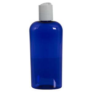 4 oz. Cobalt Blue PET Cosmo Oval Bottle with 20/410 White Polypropylene Dispensing Disc-Top Cap with 0.270" Orifice