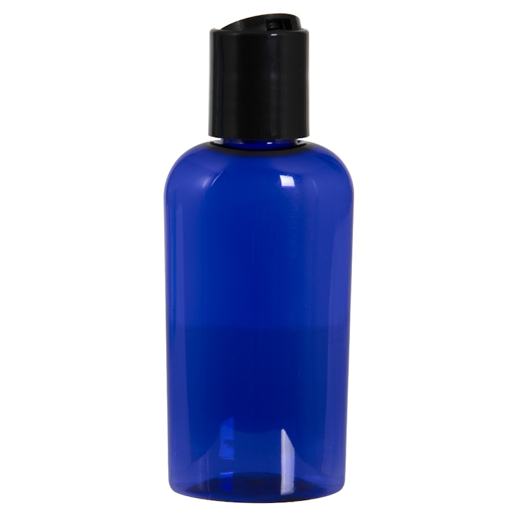 2 oz. Cobalt Blue PET Cosmo Oval Bottle with 20/410 Black Polypropylene Dispensing Disc-Top Cap with 0.270" Orifice