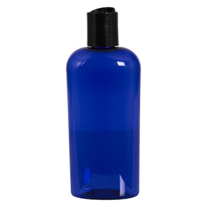 4 oz. Cobalt Blue PET Cosmo Oval Bottle with 20/410 Black Polypropylene Dispensing Disc-Top Cap with 0.270" Orifice