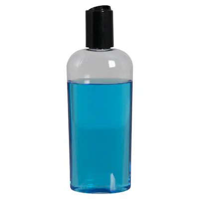 8 oz. Clear PET Cosmo Oval Bottle with 24/415 Black Polypropylene Disc-Top Dispensing Cap with 0.310" Orifice