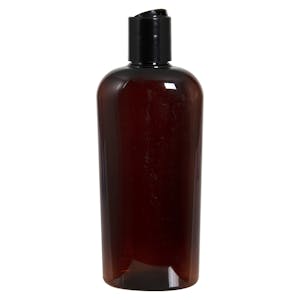 8.45 oz. Light Amber PET Vale Oval Bottle with 24/410 Black Polypropylene Dispensing Disc-Top Cap with 0.310" Orifice