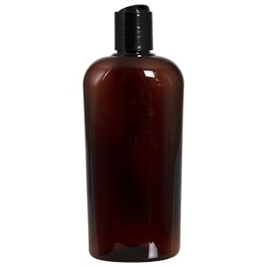 15.2 oz. Light Amber PET Vale Oval Bottle with 28/410 Black Polypropylene Dispensing Disc-Top Cap with 0.330" Orifice