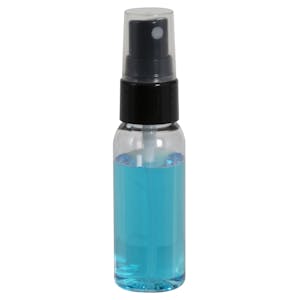 1 oz. Clear PET Cosmo Round Bottle with 20/410 Smooth Black Finger Sprayer & 0.12mL Output