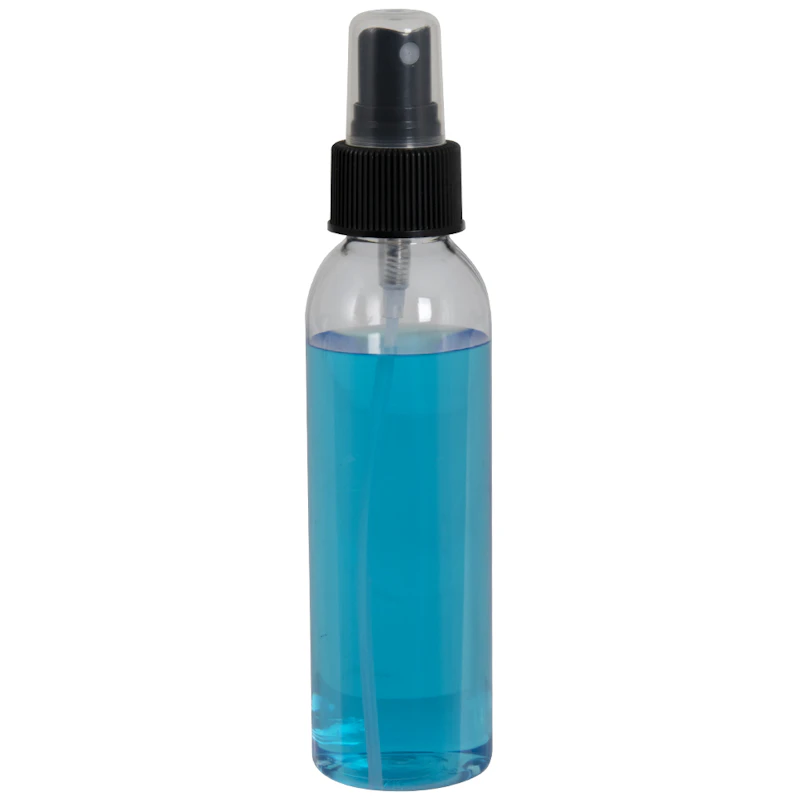 4 oz. Clear PET High Clarity Cosmo Round Bottle with 24/410 Ribbed Black Finger Sprayer & 0.16mL Output