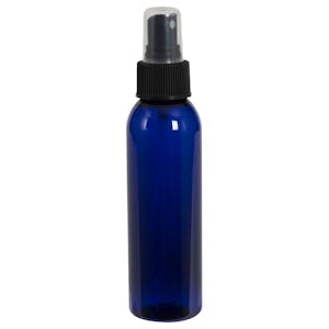 4 oz. Cobalt Blue PET Cosmo Round Bottle with 24/410 Ribbed Black Finger Sprayer & 0.16mL Output