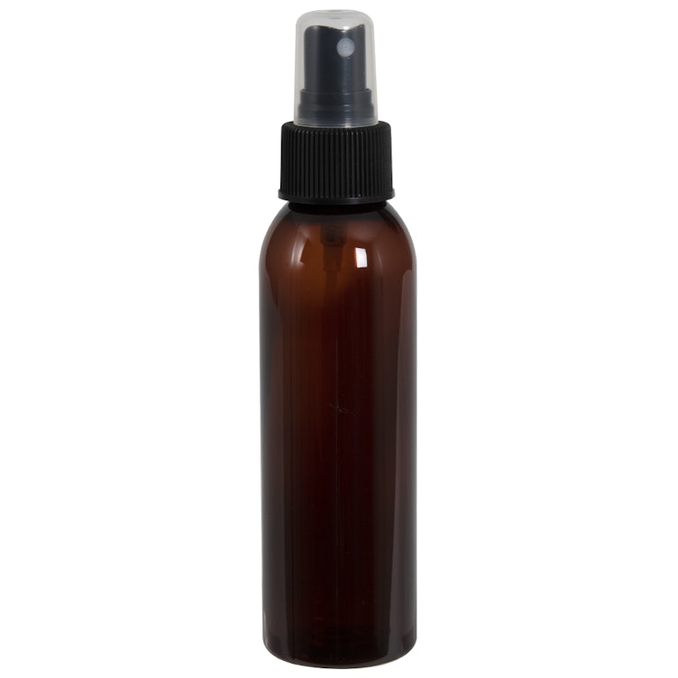 4 oz. Light Amber PET Cosmo Round Bottle with 24/410 Ribbed Black Finger Sprayer & 0.16mL Output