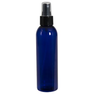 6 oz. Cobalt Blue PET Cosmo Round Bottle with 24/410 Smooth Black Finger Sprayer & 0.16mL Output
