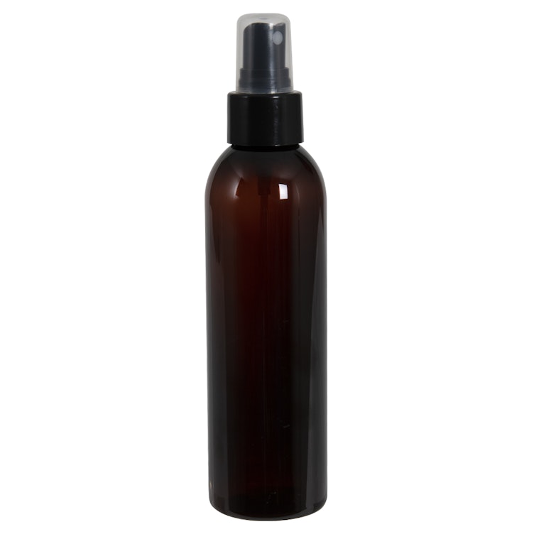 8 oz. Light Amber PET Cosmo Round Bottle with 24/410 Smooth Black Finger Sprayer & 0.12mL Output