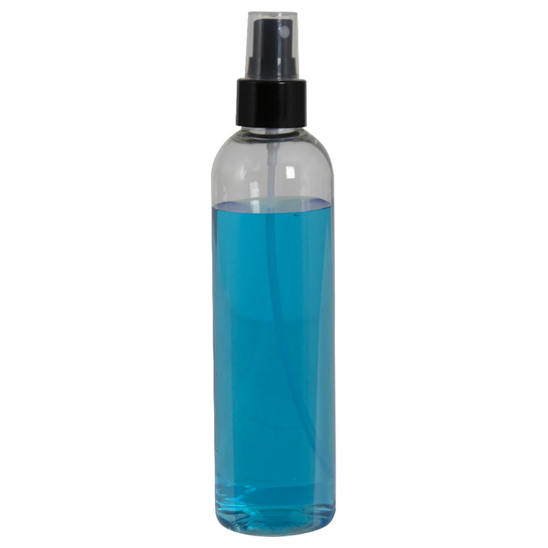 8 oz. Clear PET High Clarity Cosmo Round Bottle with 24/410 Smooth Black Finger Sprayer & 0.12mL Output
