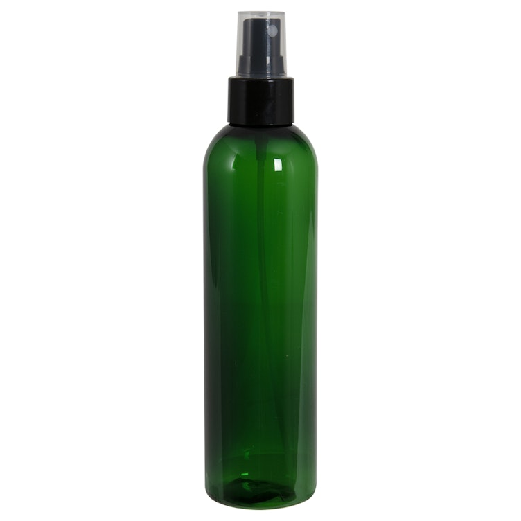8 oz. Dark Green PET Cosmo Round Bottle with 24/410 Smooth Black Finger Sprayer & 0.12mL Output