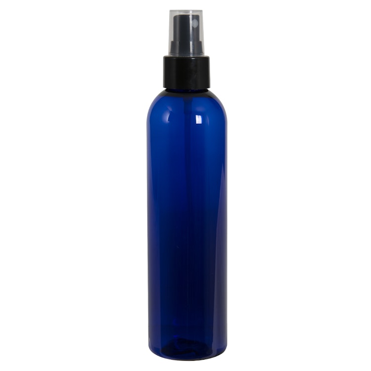 8 oz. Cobalt Blue PET Cosmo Round Bottle with 24/410 Smooth Black Finger Sprayer & 0.12mL Output