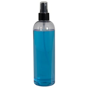 12 oz. Clear PET Cosmo Round Bottle with 24/410 Smooth Black Finger Sprayer & 0.16mL Output