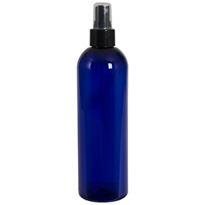 12 oz. Cobalt Blue PET Cosmo Round Bottle with 24/410 Smooth Black Finger Sprayer & 0.16mL Output