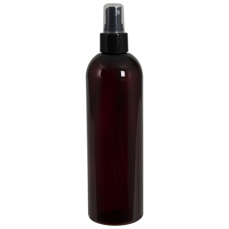 12 oz. Amber PET Cosmo Round Bottle with 24/410 Smooth Black Finger Sprayer & 0.16mL Output