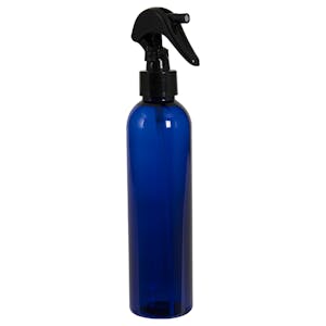 8 oz. Cobalt Blue PET Cosmo Round Bottle with 24/410 Smooth Black Trigger Sprayer & 0.21mL Output