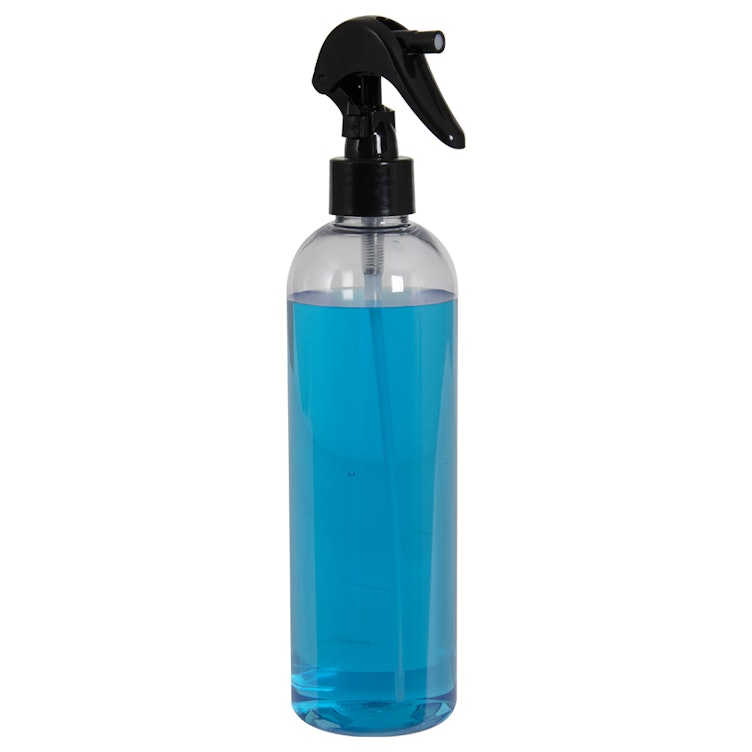 12 oz. Clear PET Cosmo Round Bottle with 24/410 Smooth Black Trigger Sprayer & 0.21mL Output