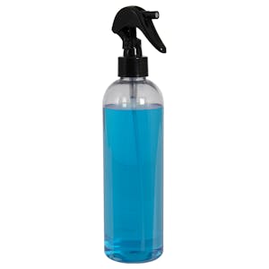 12 oz. Clear PET Cosmo Round Bottle with 24/410 Smooth Black Trigger Sprayer & 0.21mL Output