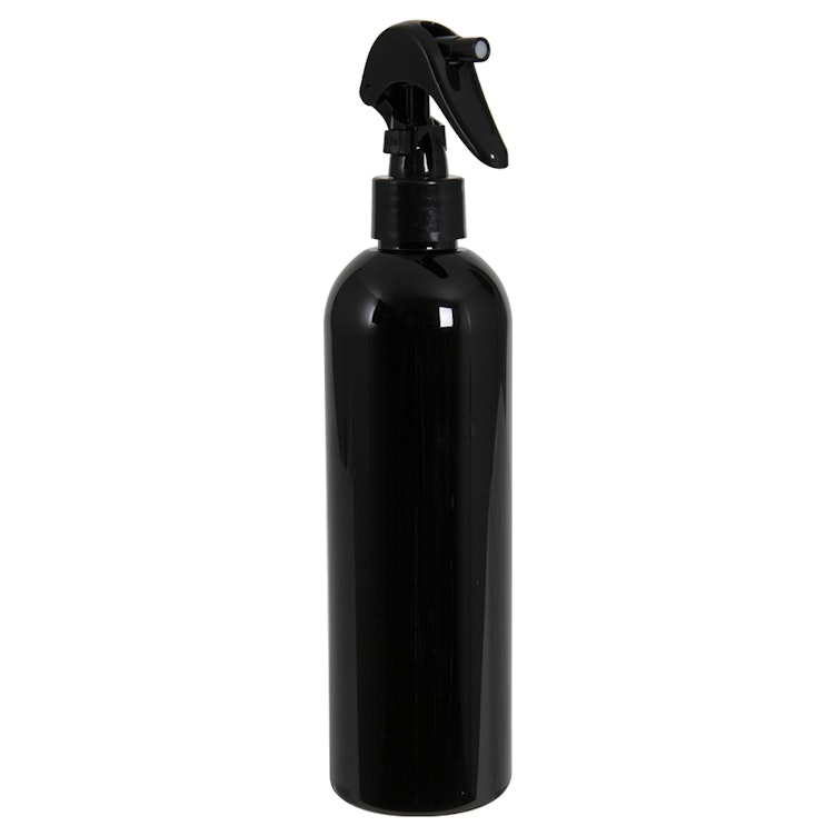 12 oz. Black PET Cosmo Round Bottle with 24/410 Smooth Black Trigger Sprayer & 0.21mL Output