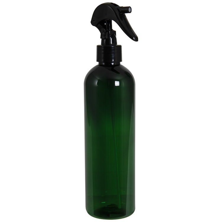 16 oz. Dark Green PET Cosmo Round Bottle with 24/410 Smooth Black Trigger Sprayer & 0.21mL Output