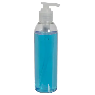 6 oz. Clear PET High Clarity Cosmo Round Bottle with 24/410 Ribbed Natural Lock-Down Lotion Pump & 2mL Output