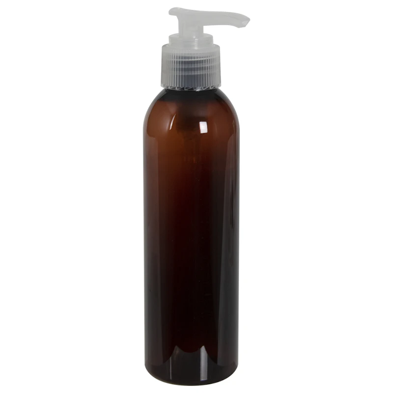 6 oz. Light Amber PET Cosmo Round Bottle with 24/410 Natural Lock-Down Lotion Pump & 2mL Output