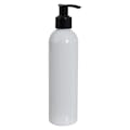 8 oz. White PET Cosmo Round Bottle with 24/410 Black Lock-Up Lotion Pump & 1.2mL Output