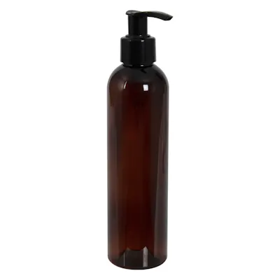 8 oz. Light Amber PET Cosmo Round Bottle with 24/410 Black Lock-Up Lotion Pump & 1.2mL Output