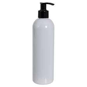 12 oz. White PET Cosmo Round Bottle with 24/410 Black Lock-Up Lotion Pump & 1.2mL Output