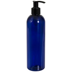 12 oz. Cobalt Blue PET Cosmo Round Bottle with 24/410 Black Lock-Up Lotion Pump & 1.2mL Output