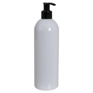 16 oz. White PET Cosmo Round Bottle with 24/410 Black Lock-Up Lotion Pump & 1.2mL Output