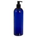16 oz. Cobalt Blue PET Cosmo Round Bottle with 24/410 Black Lock-Up Lotion Pump & 1.2mL Output