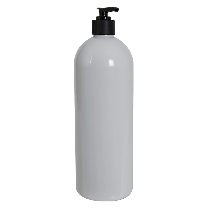 32 oz. White PET Cosmo Round Bottle with 28/410 Black Lock-Down Lotion Pump & 2mL Output