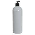 32 oz. White PET Cosmo Round Bottle with 28/410 Black Lock-Down Lotion Pump & 2mL Output