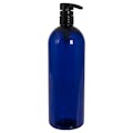 32 oz. Cobalt Blue PET Cosmo Round Bottle with 28/410 Black Lock-Down Lotion Pump & 2mL Output