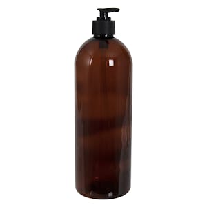 32 oz. Light Amber PET Cosmo Round Bottle with 28/410 Black Lock-Down Lotion Pump & 2mL Output