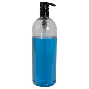 32 oz. Clear PET Cosmo Round Bottle with 28/410 Black Lock-Down Shower Pump & 2mL Output