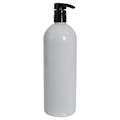 32 oz. White PET Cosmo Round Bottle with 28/410 Black Lock-Down Shower Pump & 2mL Output