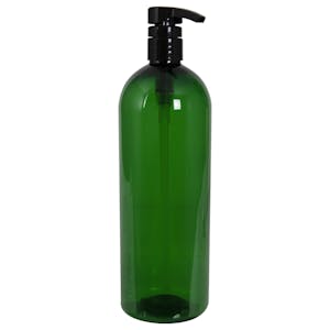 32 oz. Dark Green PET Cosmo Round Bottle with 28/410 Black Lock-Down Shower Pump & 2mL Output