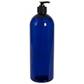 32 oz. Cobalt Blue PET Cosmo Round Bottle with 28/410 Black Lock-Down Shower Pump & 2mL Output
