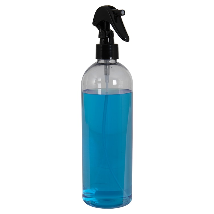 16 oz. Clear PET Cosmo Round Bottle with 24/410 Smooth Black Trigger Sprayer & 0.21mL Output